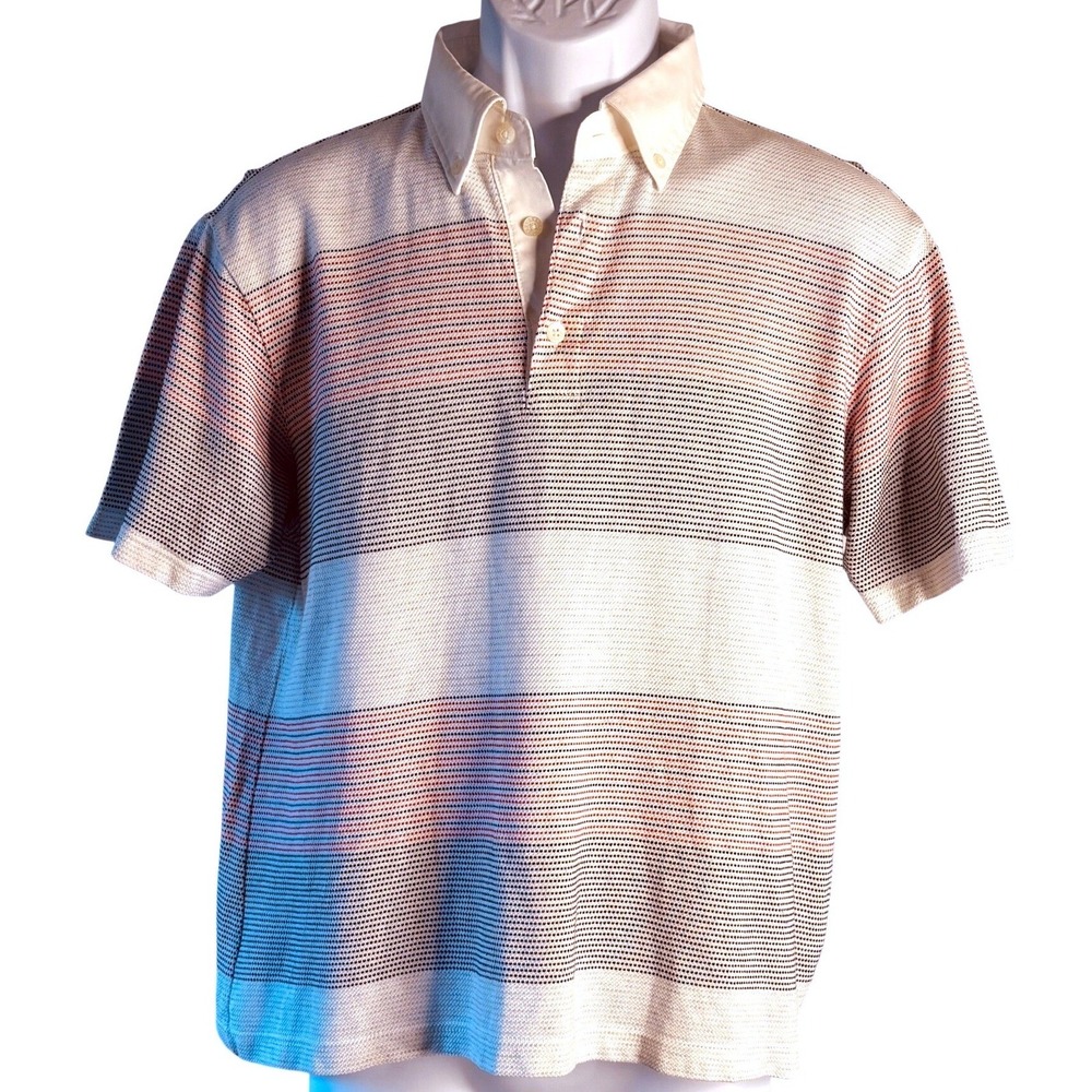 Takeo Kikuchi | Mens Textured Stripe Polo Shirt Red Navy White | Size 3
